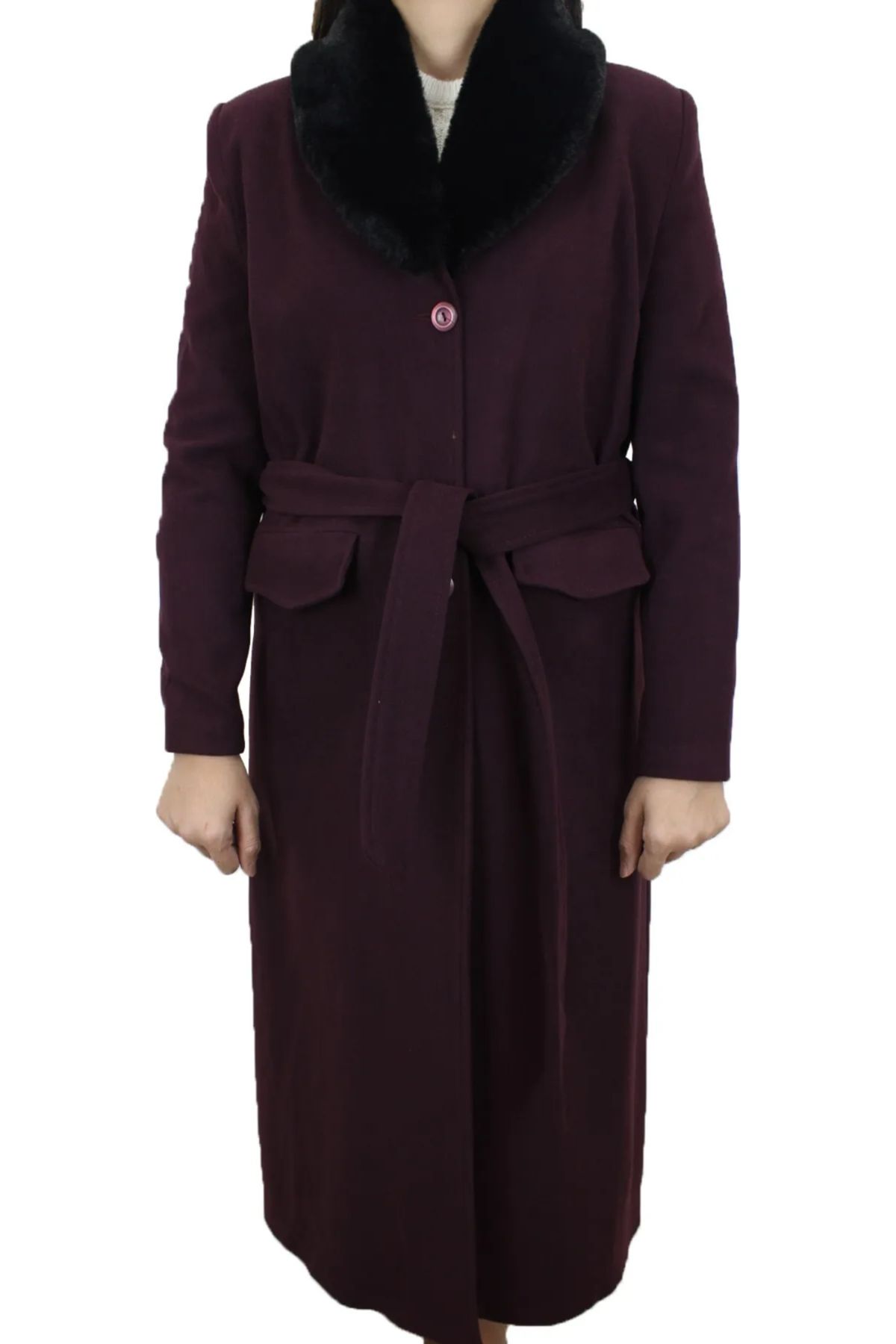moda aysema DMC TEKSTİL Mürdüm Yakası Kürklü Dar Kesim Uzun Kışlık Kaşe Kaban