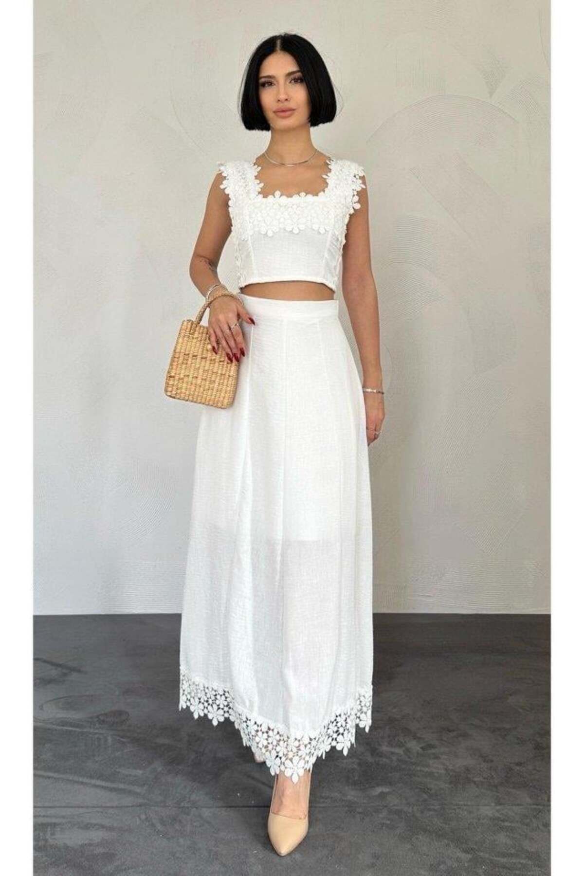 modamtn Beyaz Güpürlü Crop Ve Etek Takım