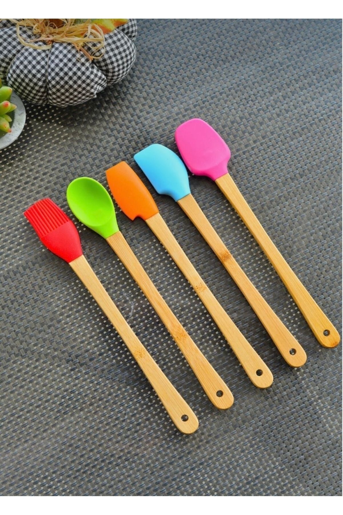 imka 5'li Renkli Bambu Saplı Silikon Uçlu Spatula Fırçalı Kaşık Seti