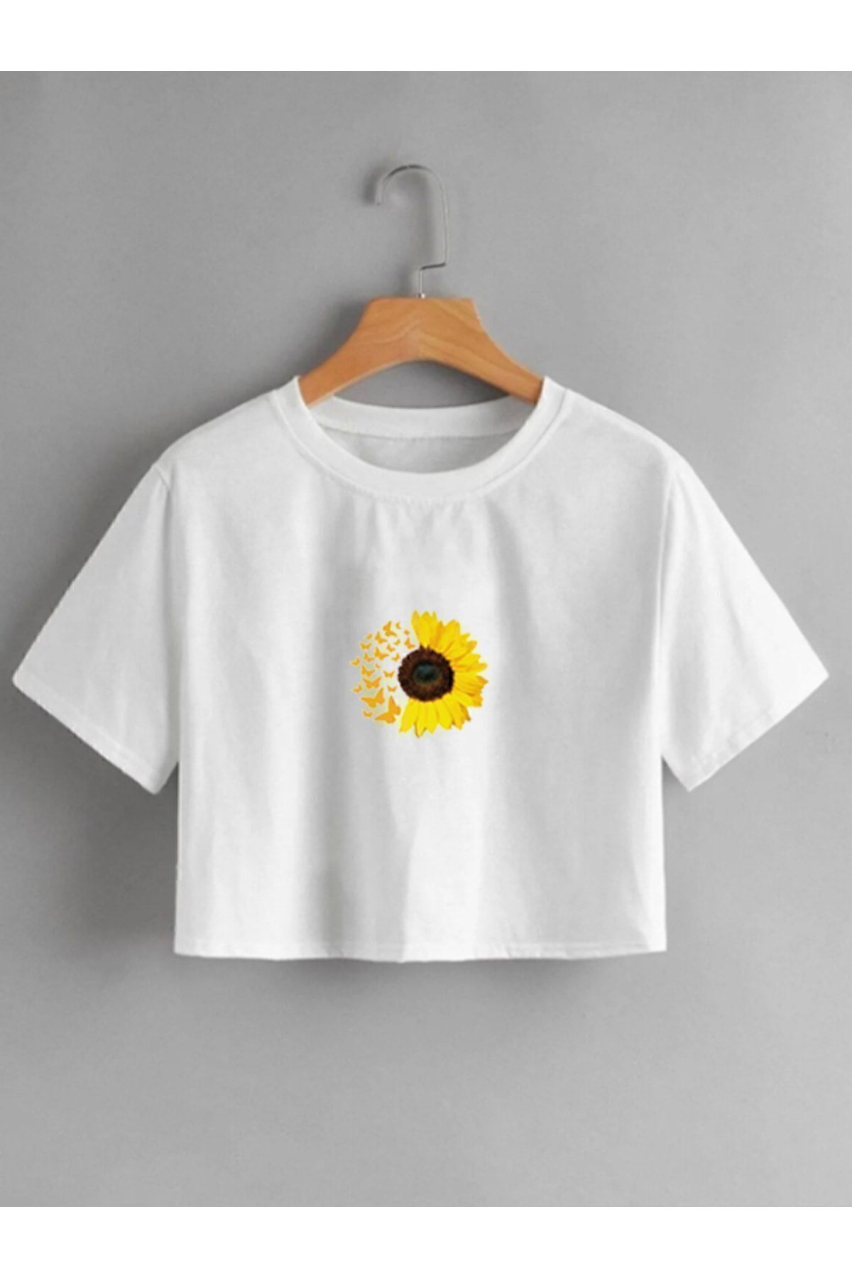 LAYORA Beyaz Papatya Desenli Kadın Crop Tişört
