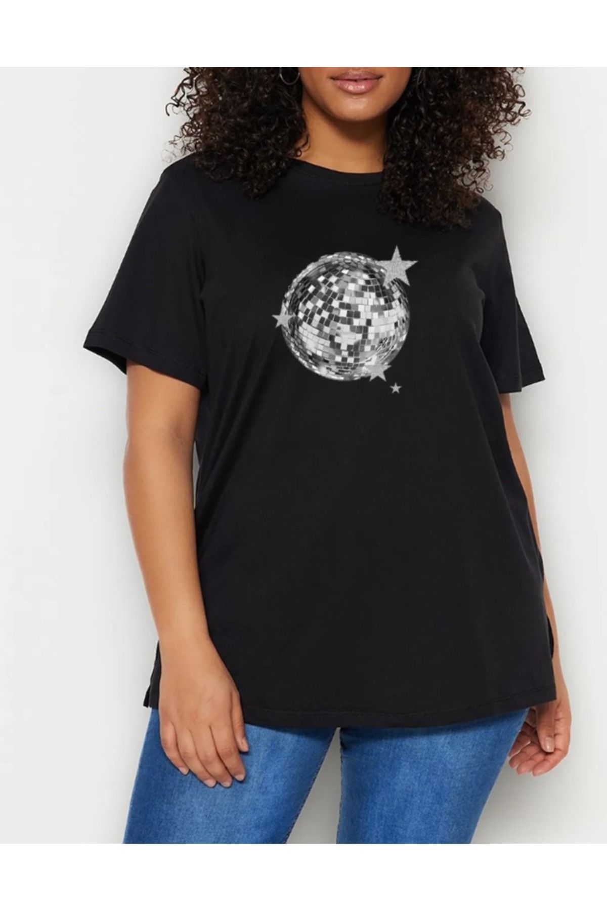 shidumanlar Beyaz Yıldızlı Diskotopu Tasarımlı Oversize Unisex S