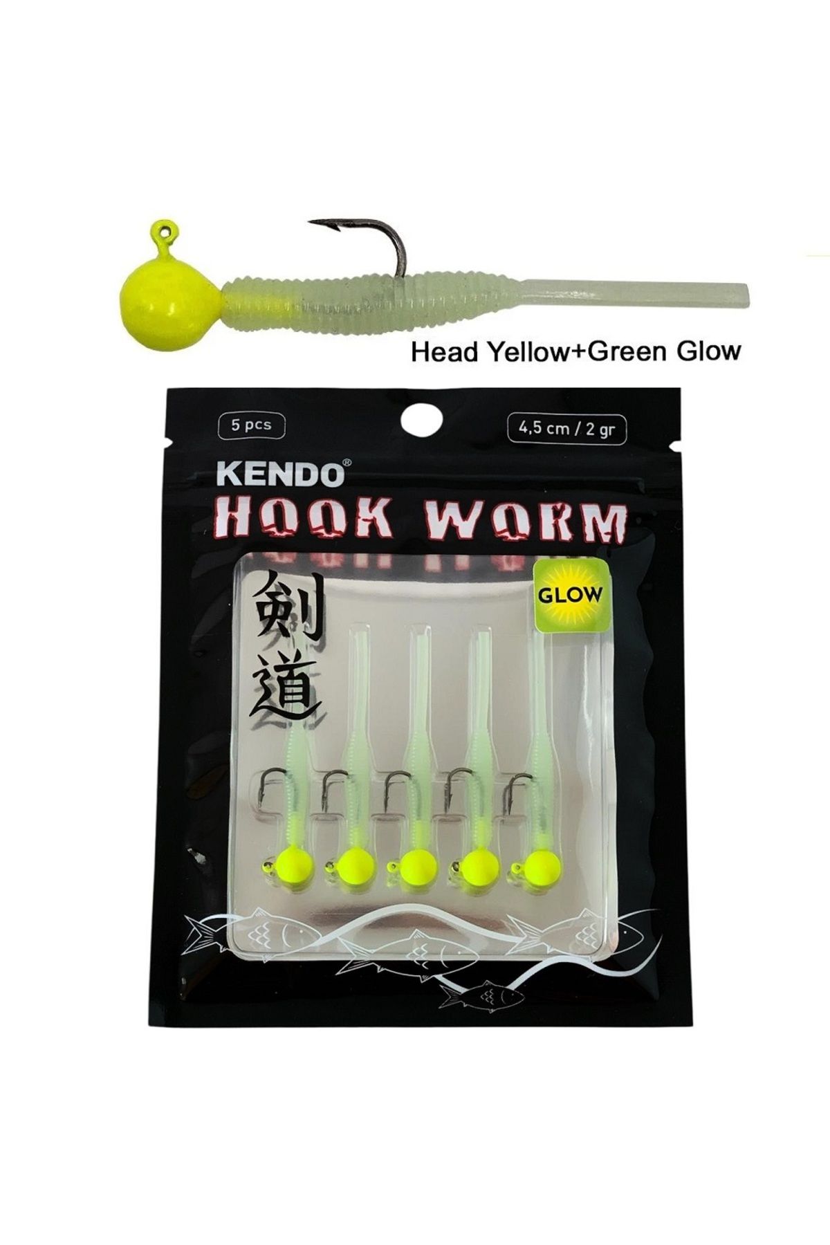 Kendo Hook Worm 2gr Jighead 4.5cm Lrf Silikonu (5'li Paket) Head Yellow+Green Glow