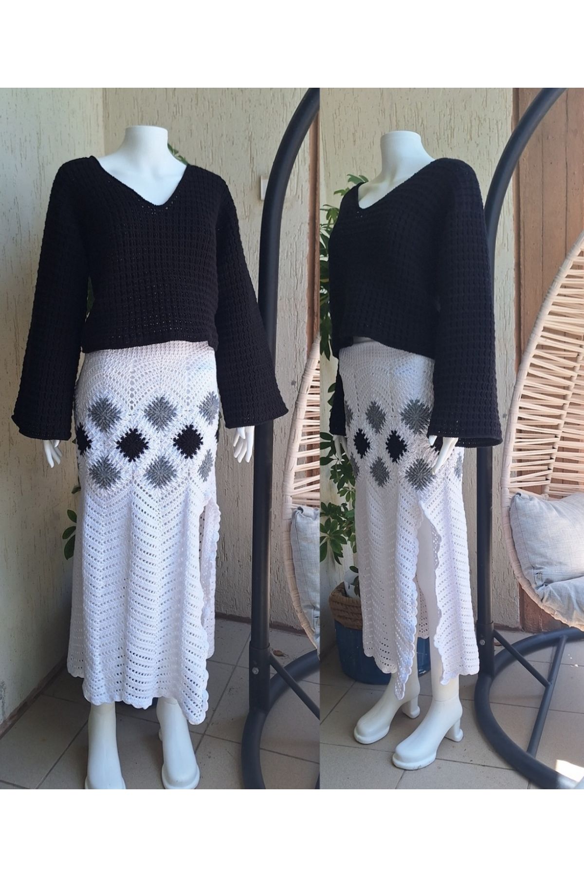 Butik KADIN SIYAH UZUN KOLLU V YAKA BLUZ, UZUN YIRTMAÇLI ETEL IKILI TAKIM
