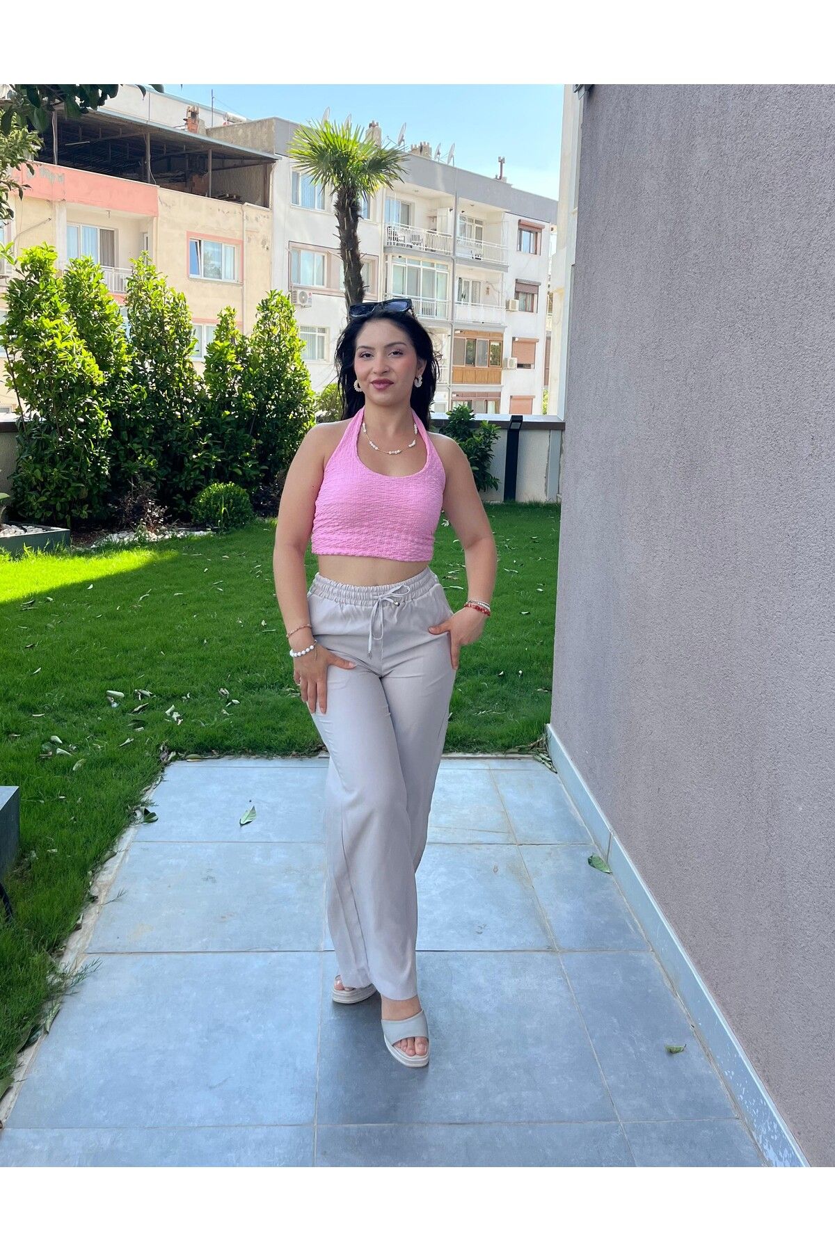 ELSEBUTİKTR Kadın Modal Dokuma Kumaş Geniş Paça Beli Lastikli Dökümlü Yazlık Pantolon
