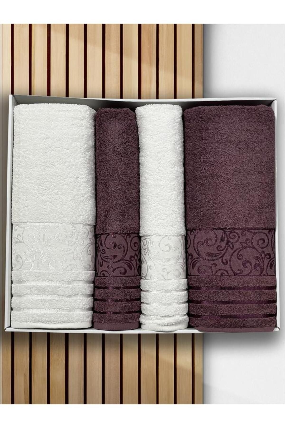 Çeyiz Diyarı Deren Hamam Takımı 4 Parça Krem - Mürdüm