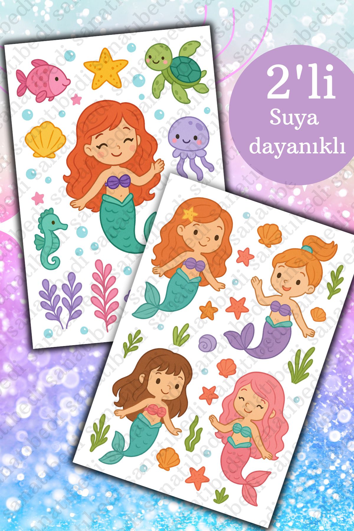 sanatıbedi 2'li Deniz Kızı Okyanus Sticker - Laptop Tablet Defter Ajanda Valiz için Suya Dayanıklı Etiket