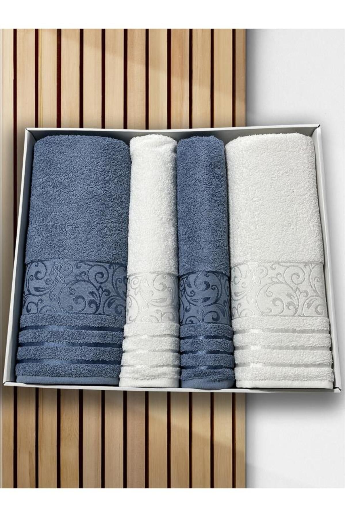 Çeyiz Diyarı Deren Hamam Takımı 4 Parça Krem - Mavi