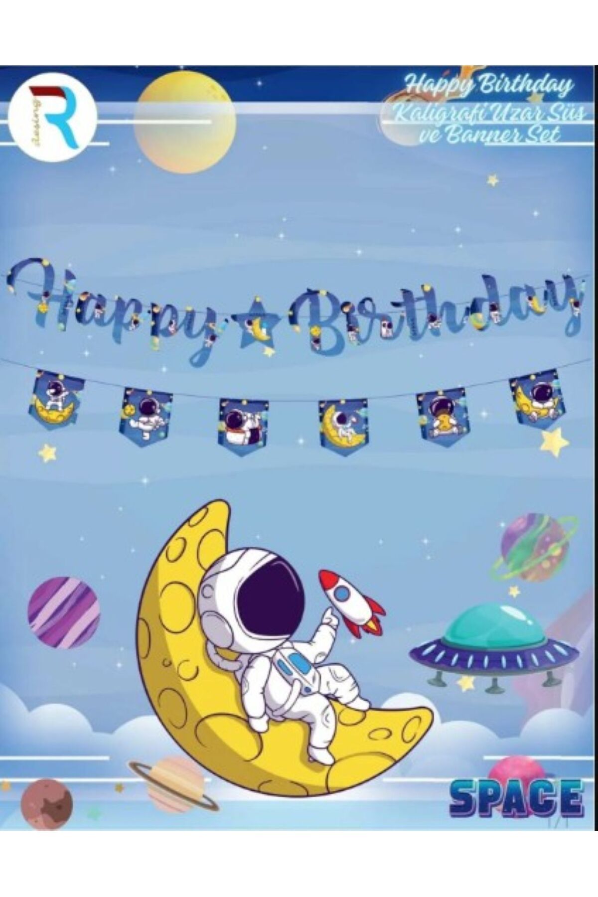 PartAntalya Uzay konsepti Temalı Happy birtday kaligrafi uzar Yazı süs ve banner set