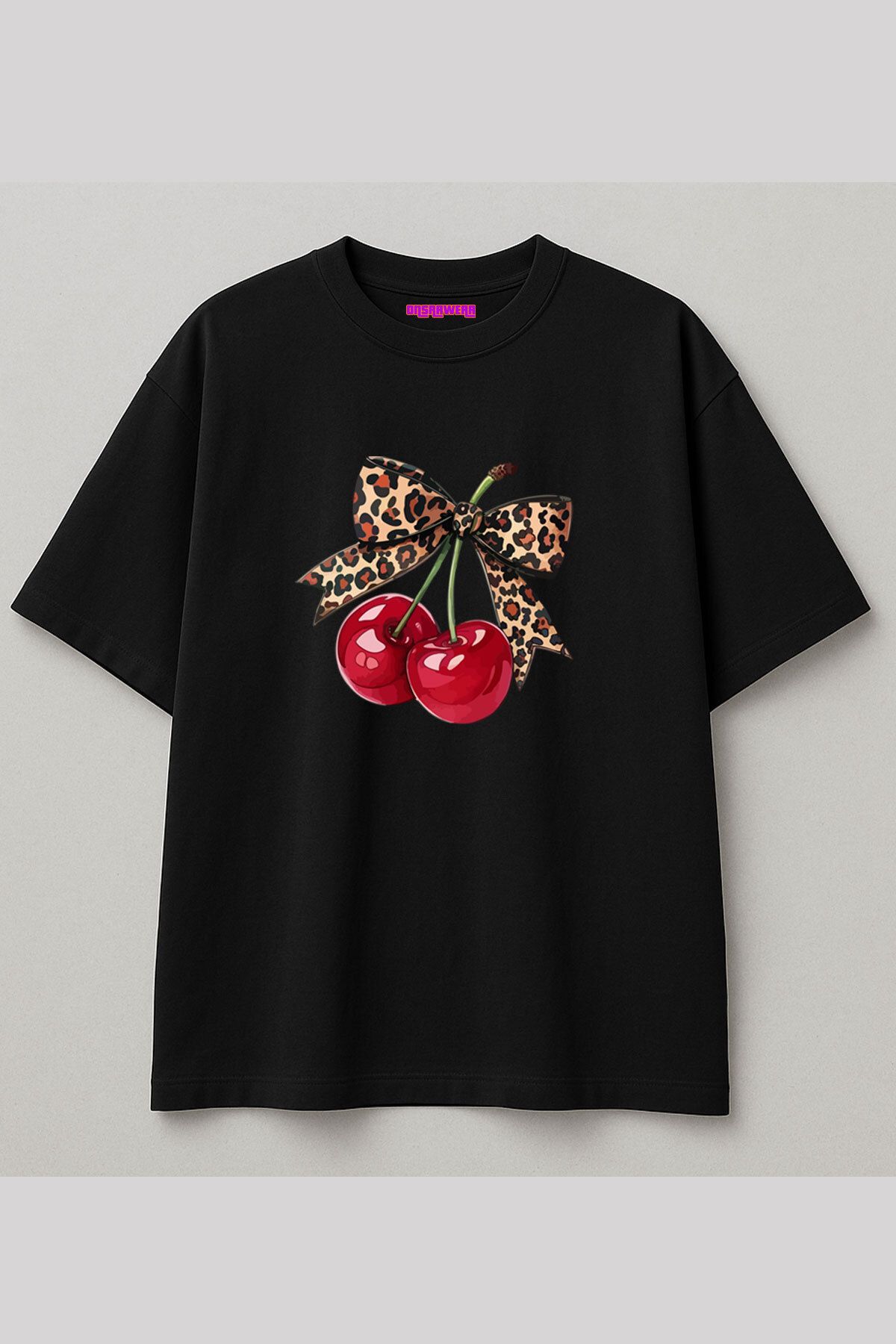 onsrawear Leopar Desenli Kurdele ve Kiraz Baskılı Yazlık Vintage Oversize %100 Pamuk T-shirt