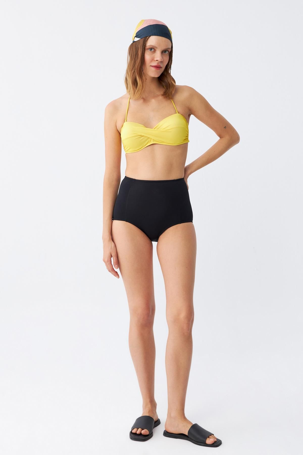 Akbeniz-Women's Strapless Yellow High Waist Bikini Set 4