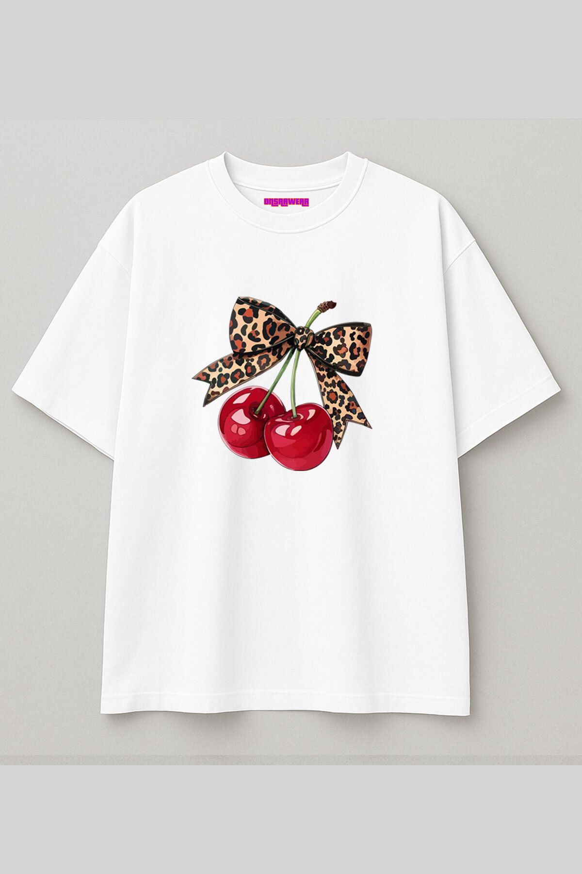 onsrawear Leopar Desenli Kurdele ve Kiraz Baskılı Yazlık Vintage Oversize %100 Pamuk T-shirt