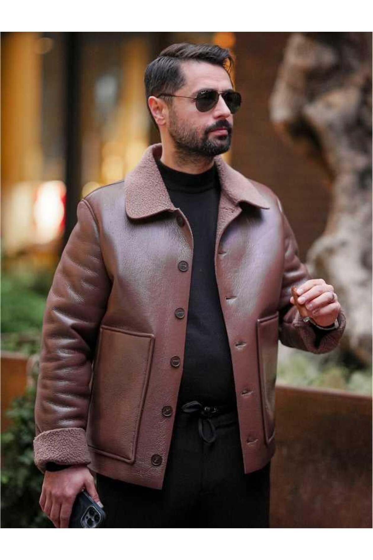 Yubacollection Deri Parlak Kürklü Ceket Kahve