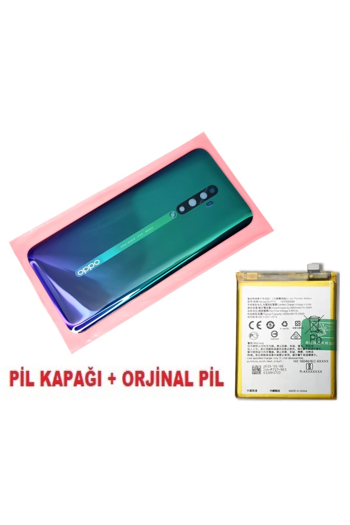 indirimplus Oppo Reno 2Z Arka Pil Batarya Kapağı + PİL (CAM) MAVİ