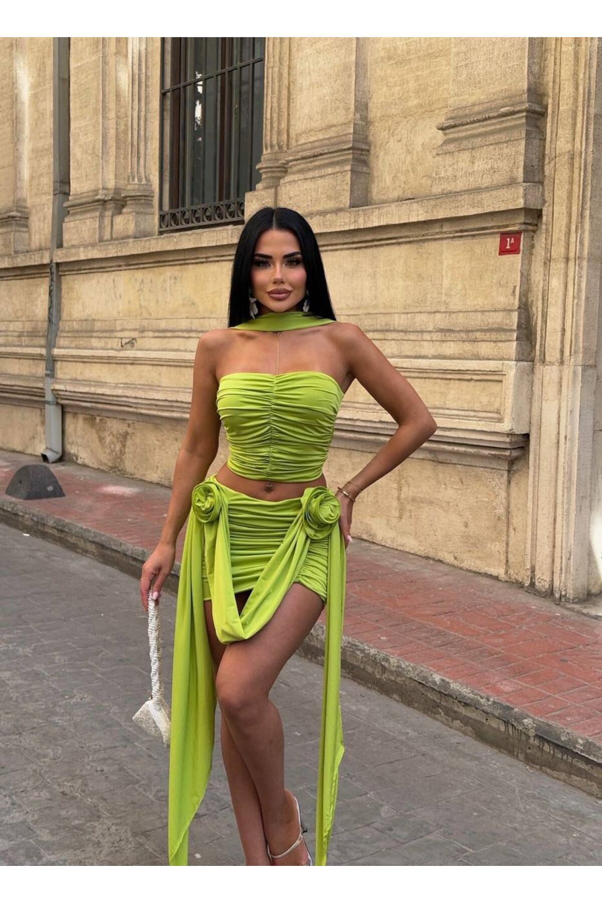 sajarsln Saja Rsln Kristal Kumaş Likralı Gül Detaylı Elbise