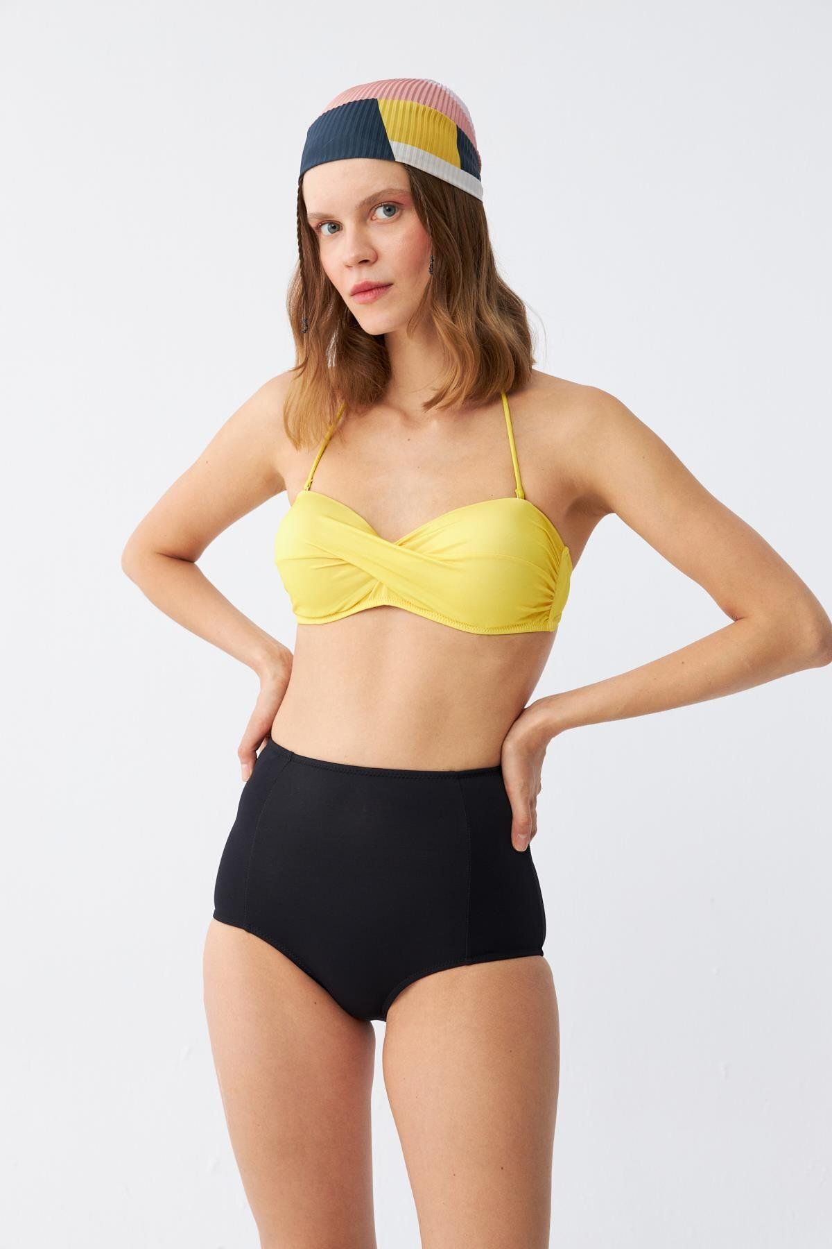 Akbeniz-Women's Strapless Yellow High Waist Bikini Set 1