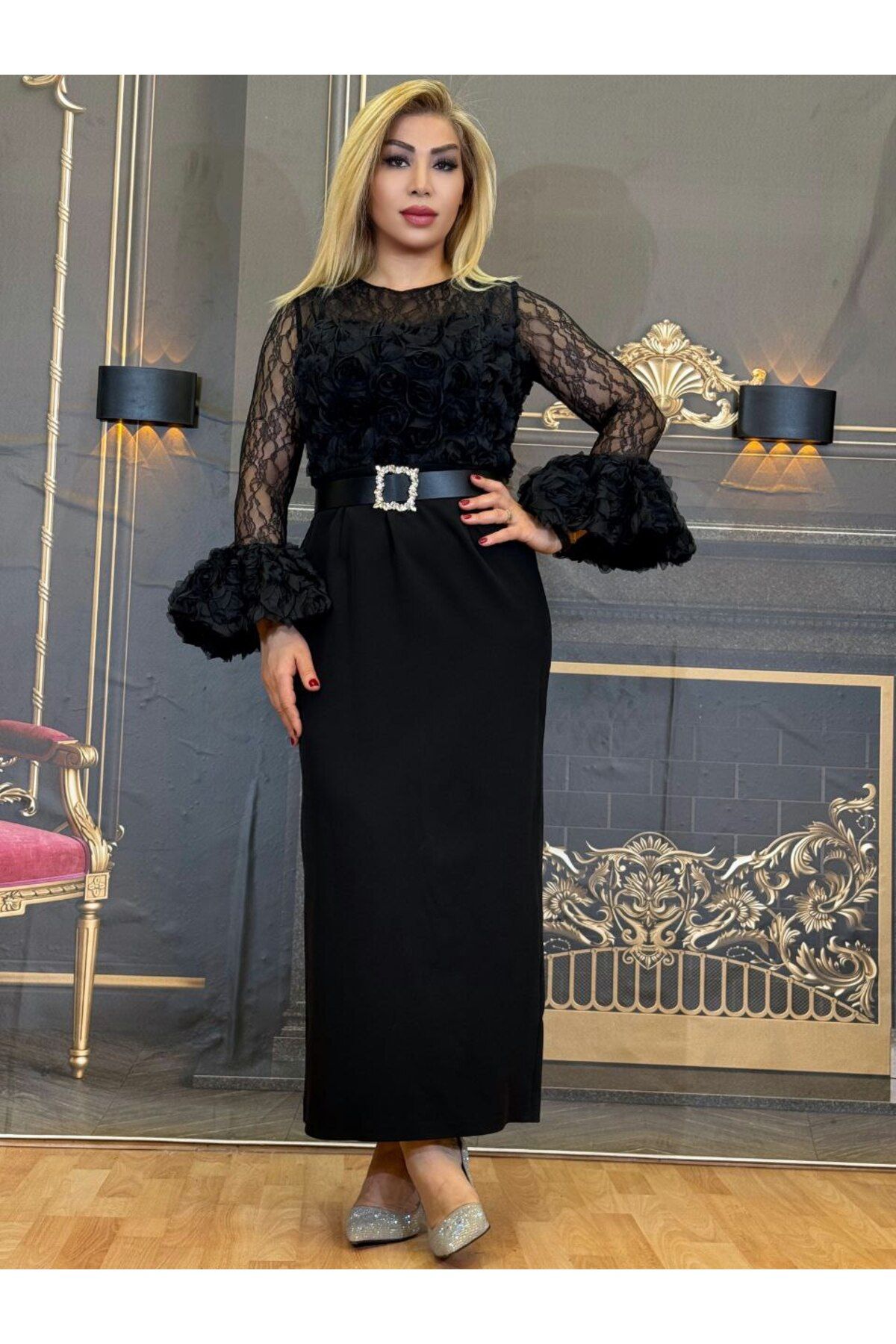 Yeşilmoda Abiye elbise,Gipür ve çiçekli,krep kumaş,Gizli fermuarlı,Kemerli,yırtmaçlı elbise,Şık gece