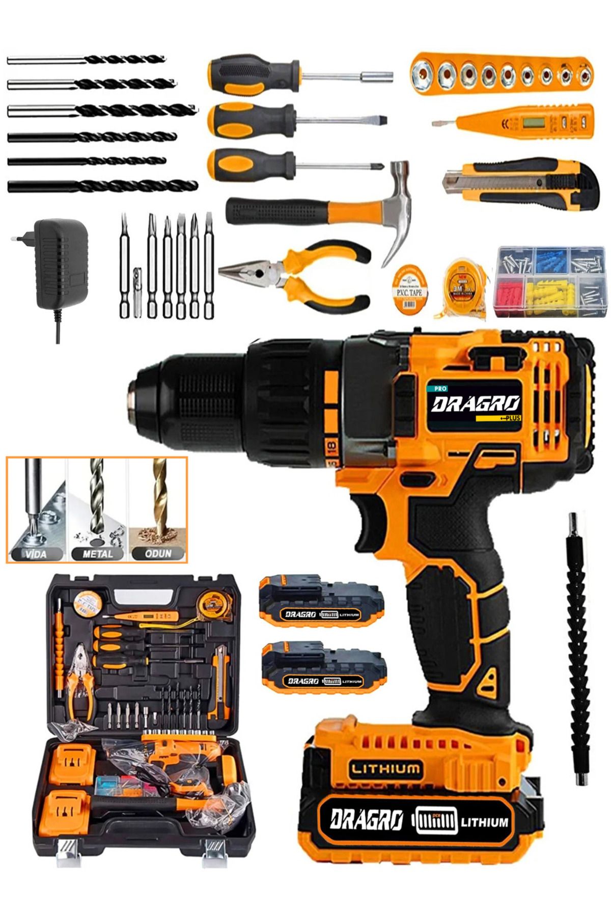 Dragro Germany Tecnology Metal Şanzıman Çift Bakır Sargı Akülü Vidalama Matkap Yardmcı Set