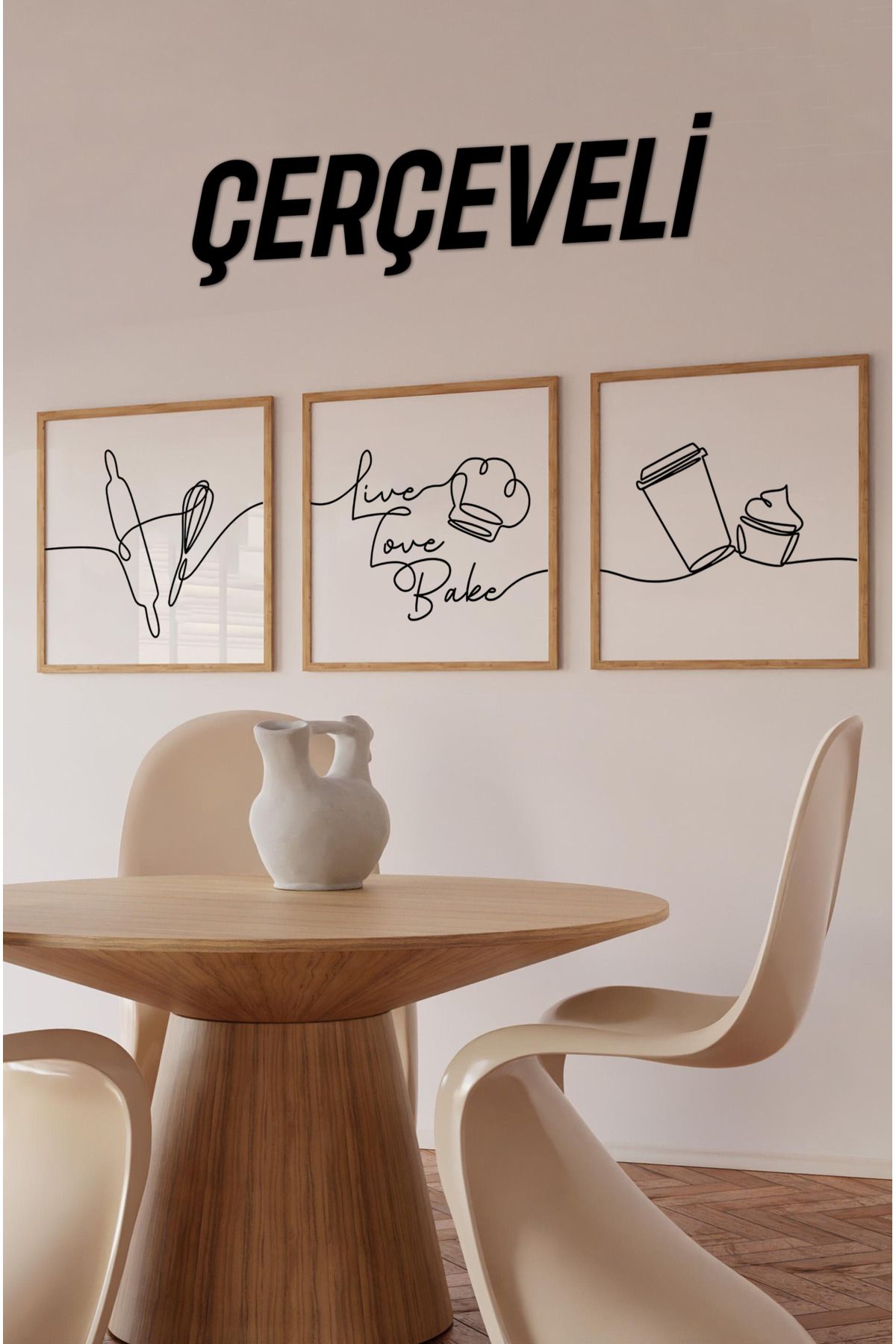 kutuTR 🧁 Mutfak Temalı 3’lü Çizgisel Tablo Seti | Tek Çizim Stil | UV Baskı – MDF – Ahşap Çerçeve KR4046