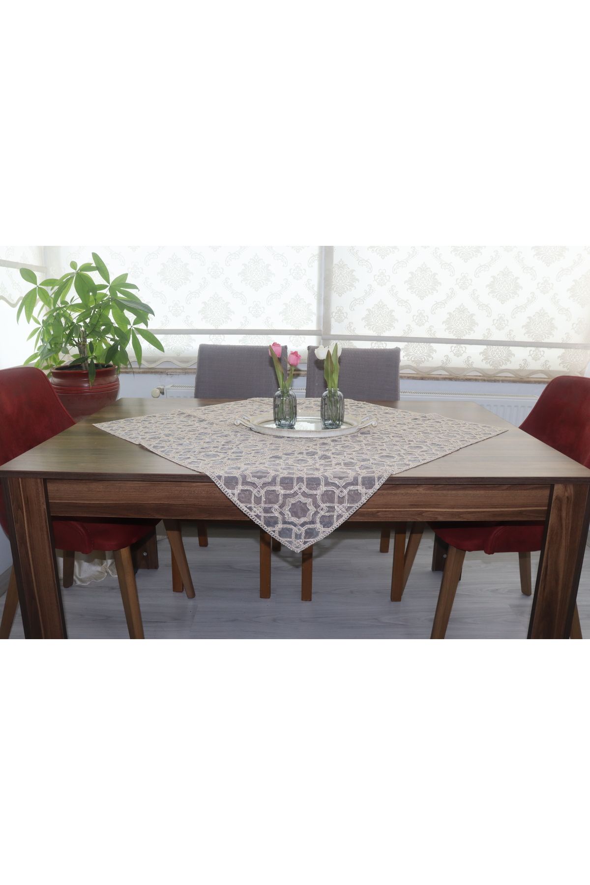 SNMHOME DANTEL fiskos & masa örtüsü Lüks tarasım açık kahve rengi (95x95) cm.