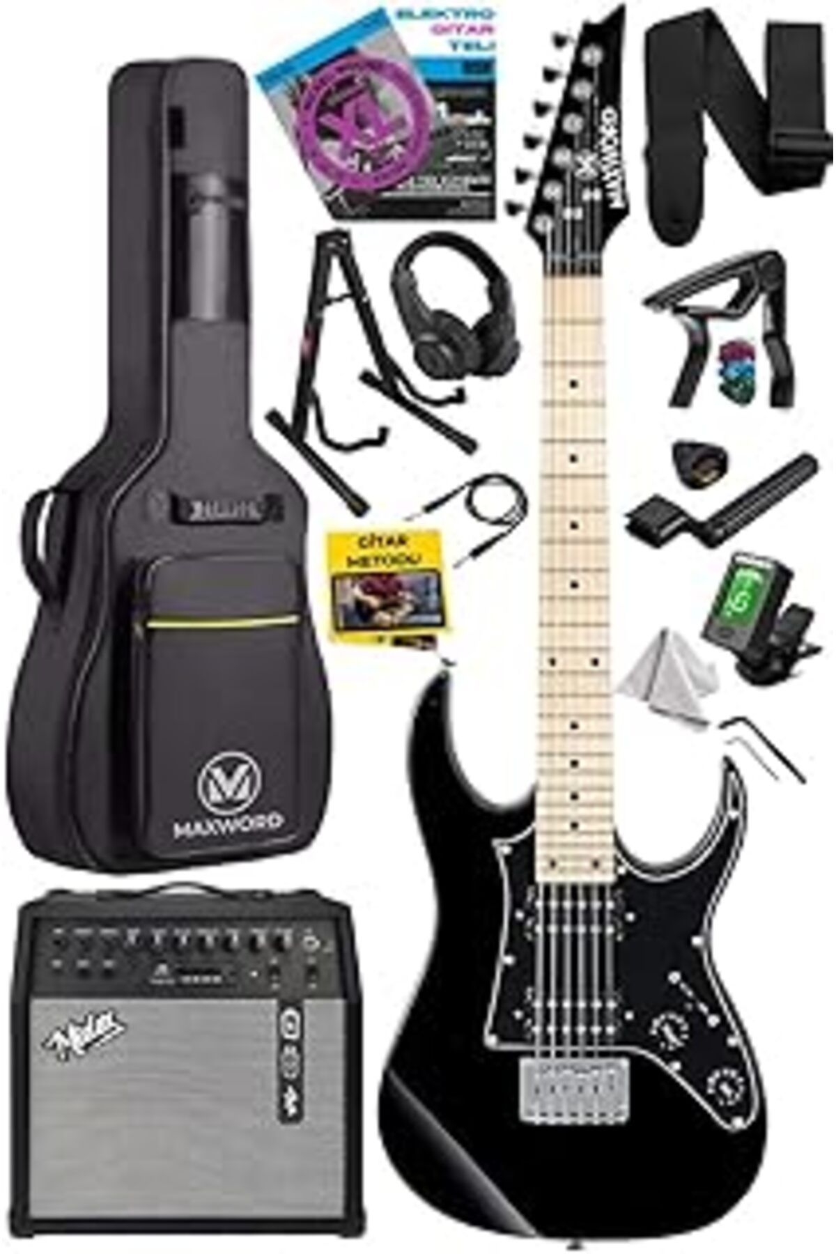 Qedii Maxword De-150Bk-50Amp Maple Klavye Hh Yüksek Kaliteli 50W Amfili Elektro Gitar Seti