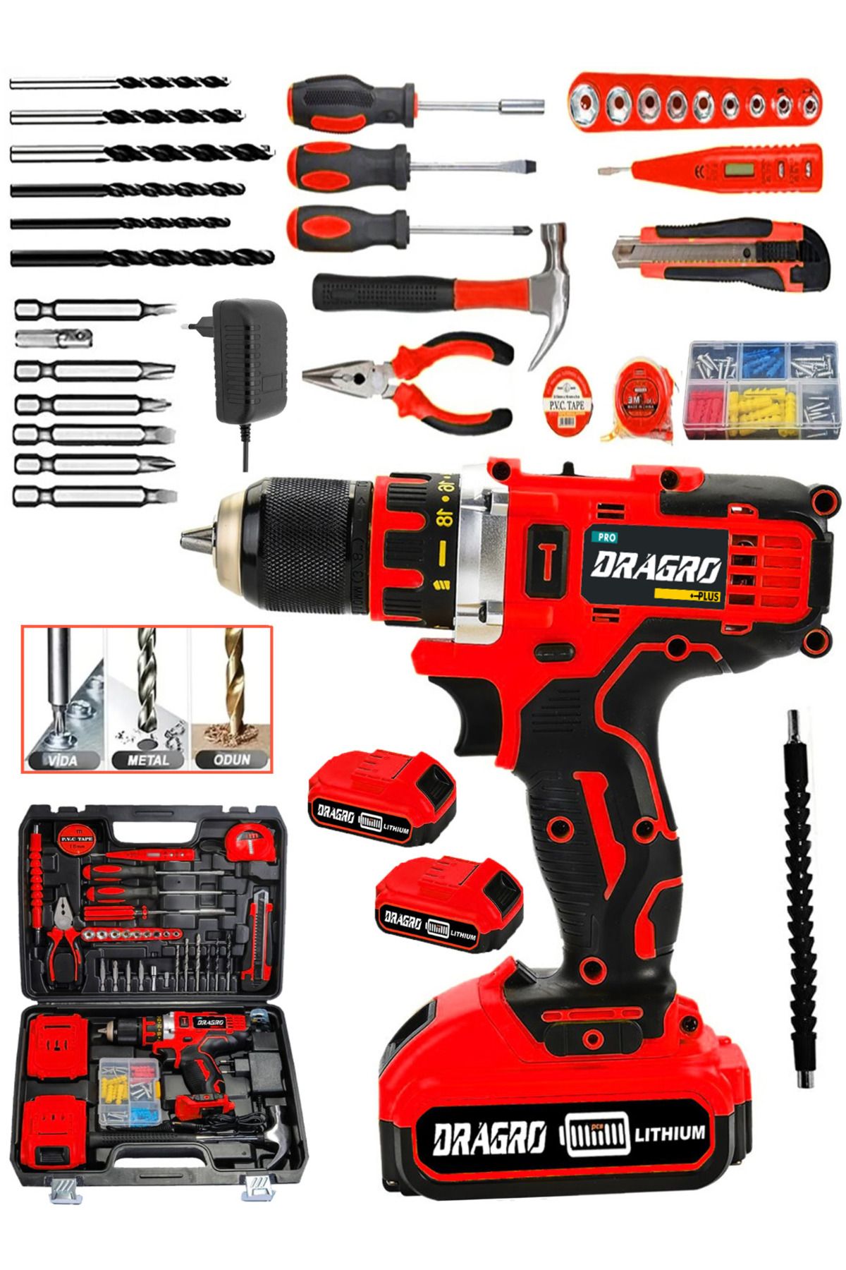 Dragro Germany Tecnology Metal Şanzıman Çift Bakır Sargı Akülü Vidalama Matkap Yardmcı Set