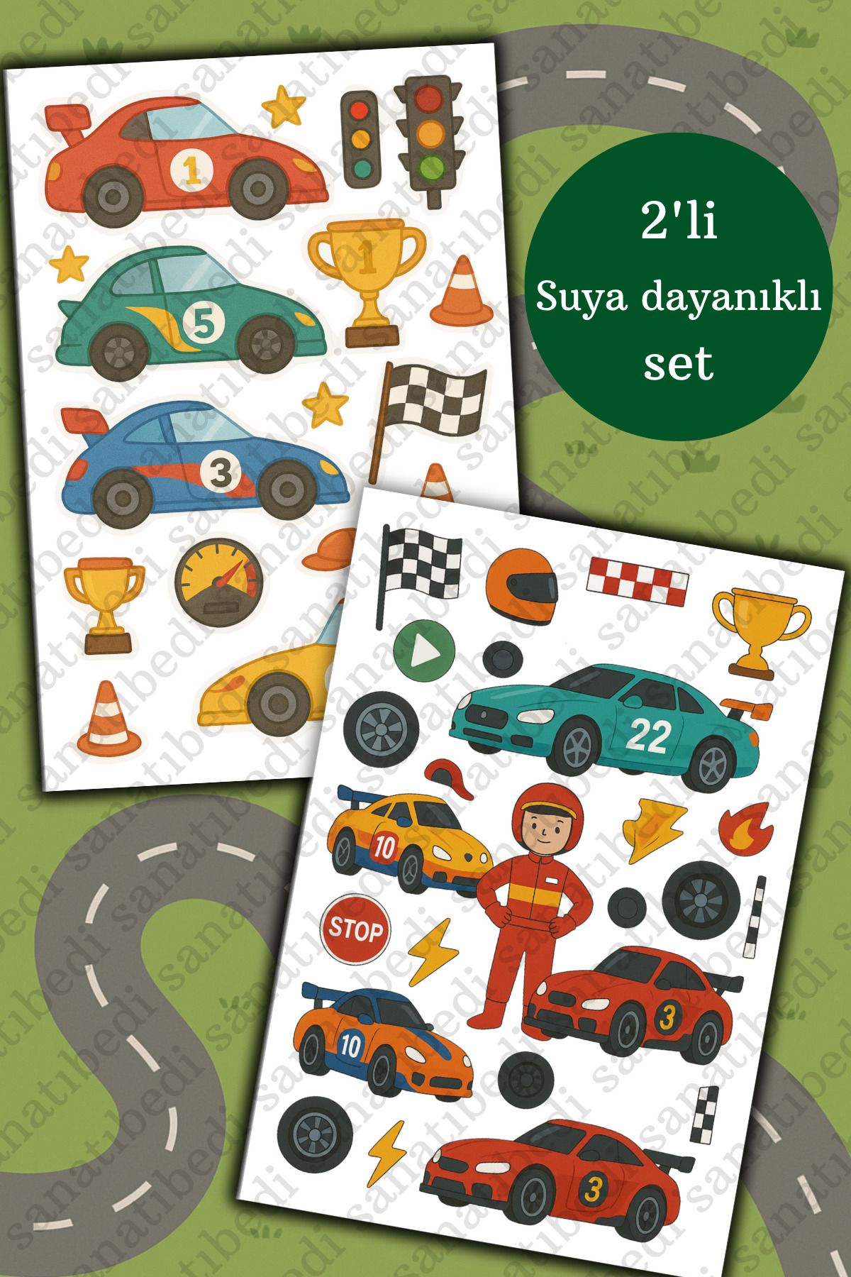 sanatıbedi 2'li Yarış Araba Sticker - Laptop Tablet Defter Ajanda Valiz için Suya Dayanıklı Etiket