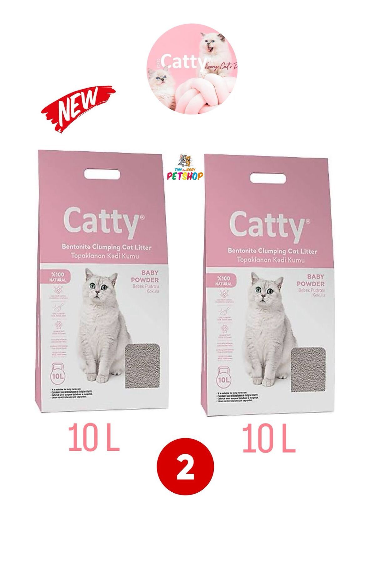 Catty TOM&JERRYPETSHOP-Bebek Pudra Kokulu Ince Taneli Bentonit Topaklaşan Kedi Kumu 10 Lt 2 ADET