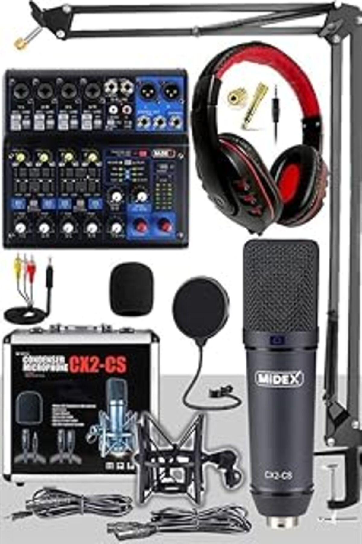 Qedii Midex Wizard Paket-3 Cx2 Stüdyo Mikrofon Mdx-06fxu Stüdyo Kayıt Mikseri Kulaklık Ekipman Seti
