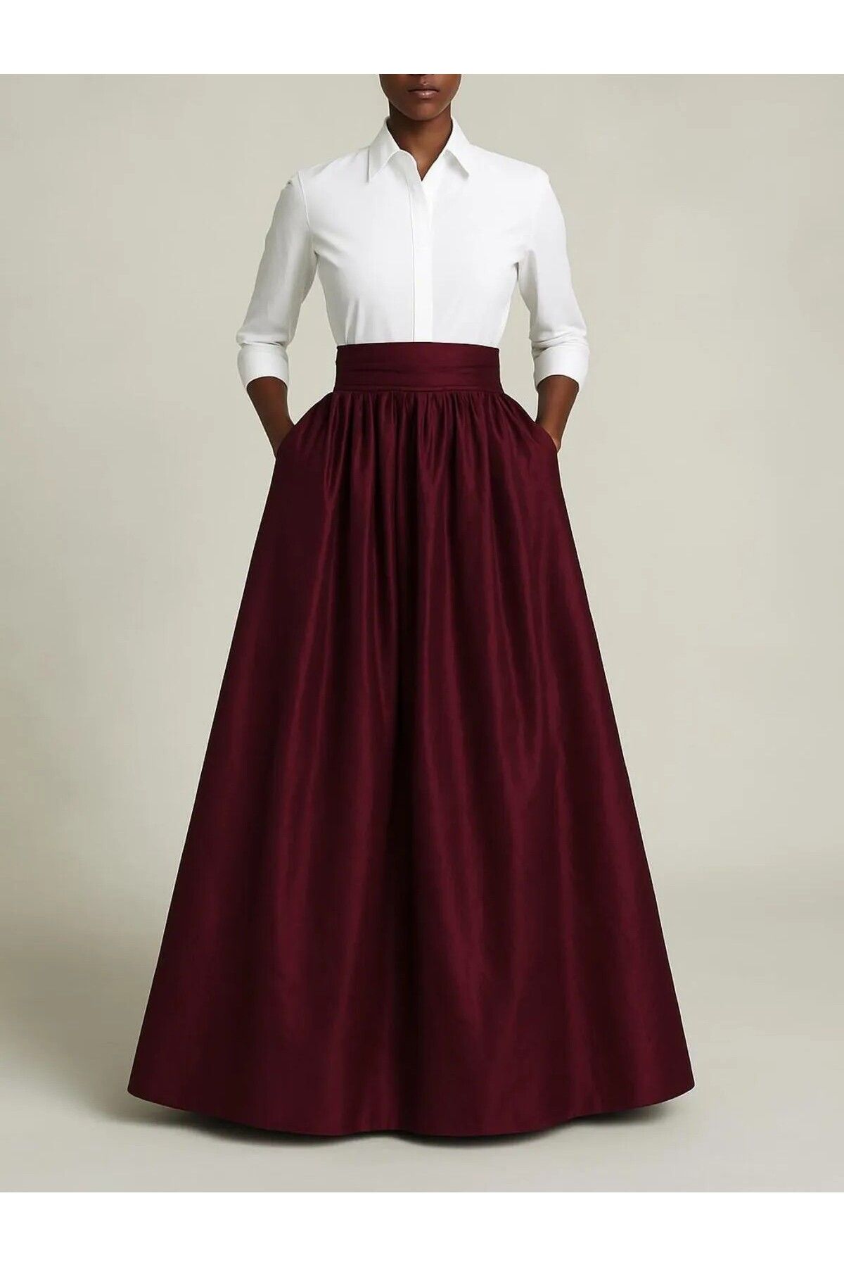 UNTIMELY Color-Block Detaylı & Kuşaklı Maxi Boy Şık Tafta Gömlek Elbise
