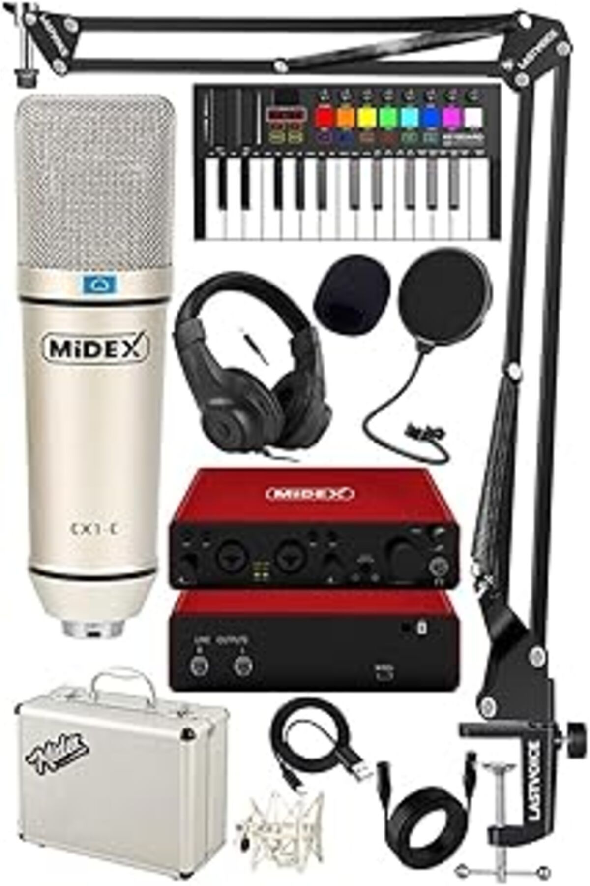Pazarcan Midex Midi Paket-3 Stüdyo Ekipmanları Seti Ses Kartı Midi Klavye Mikrofon Kulaklık