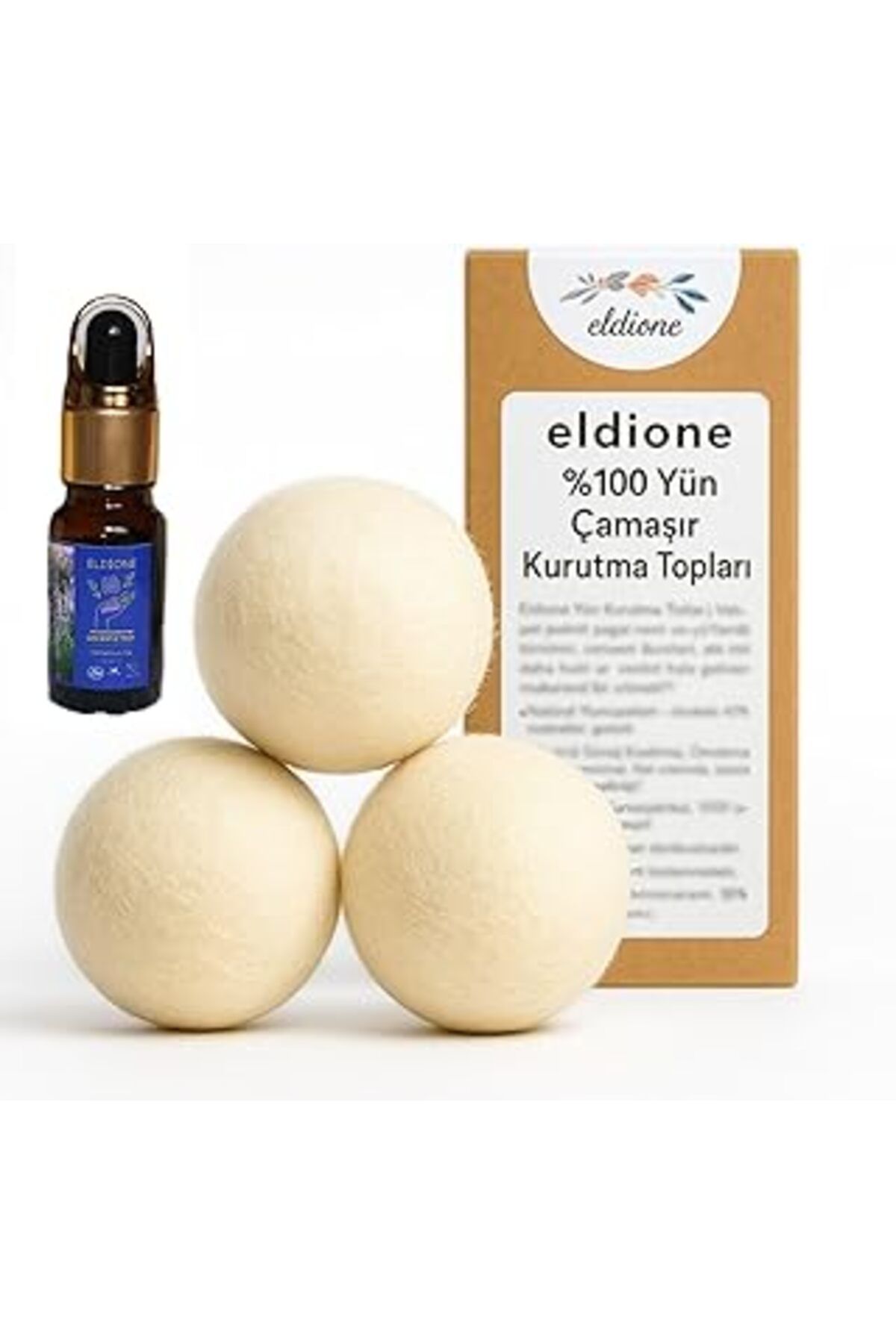 Pazarcan Eldione 3 Adet Yün Kurutma Topu Ve Lavanta Uçucu Yağı 10 Ml,%100 Merinos Yünü, Kolay Ütü, Çamaşır K