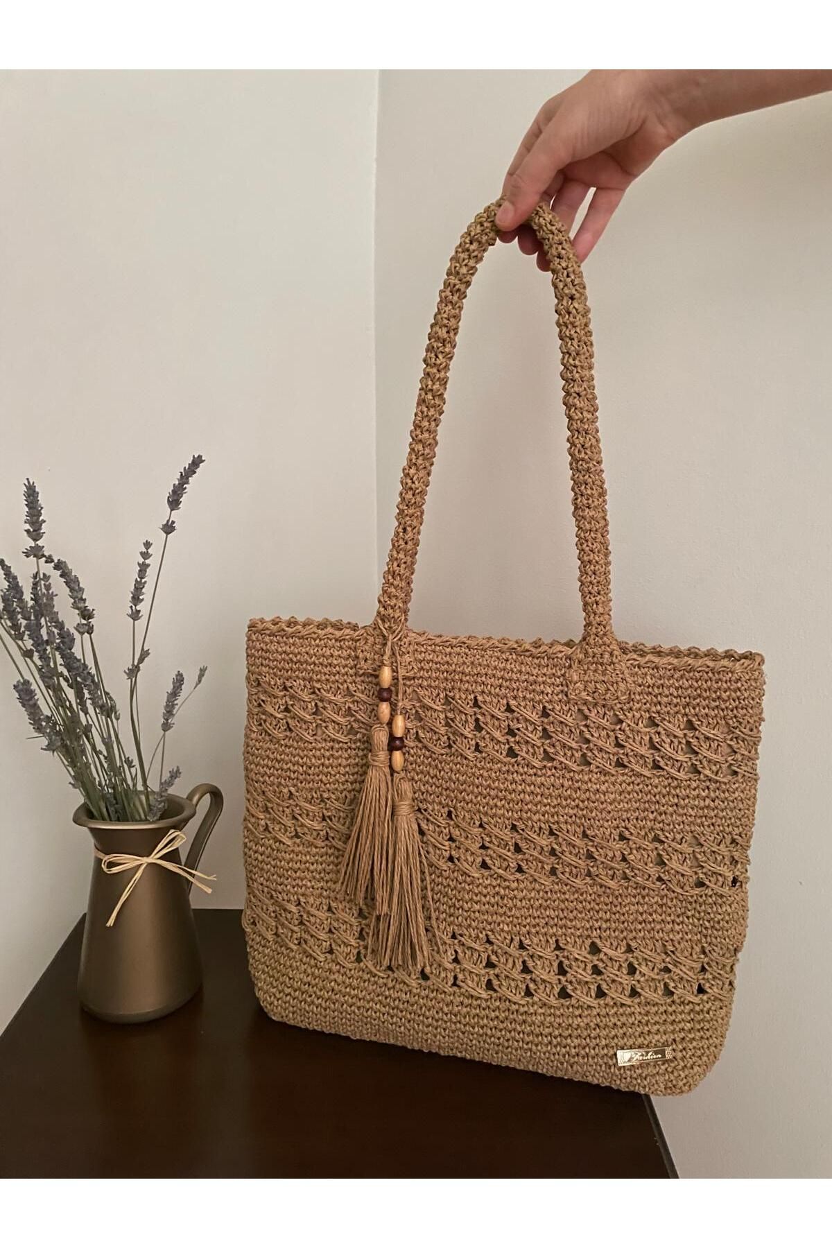 ELİŞİ MODA Açık Kahve Rengi, El Yapımı Kağıt İp Örgü Çanta, Günlük Askılı Omuz Çantası Astarlı, Cepli, Çıtçıtlı