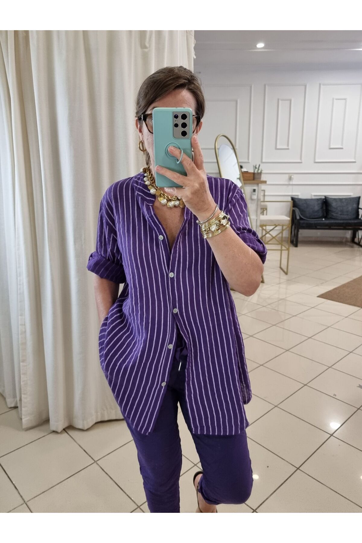 pudubutik Oversize Pamuklu Boyuna Çizgili Gömlek Mor
