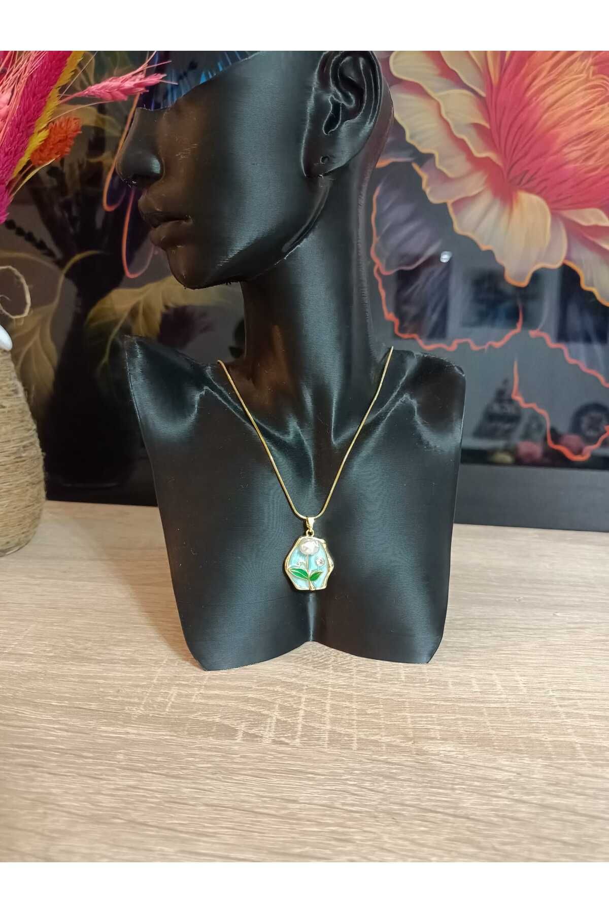 BLUE ROSE BİJUTERİ SEDEFLİ İNCİLİ ÇELİK KOLYE M5