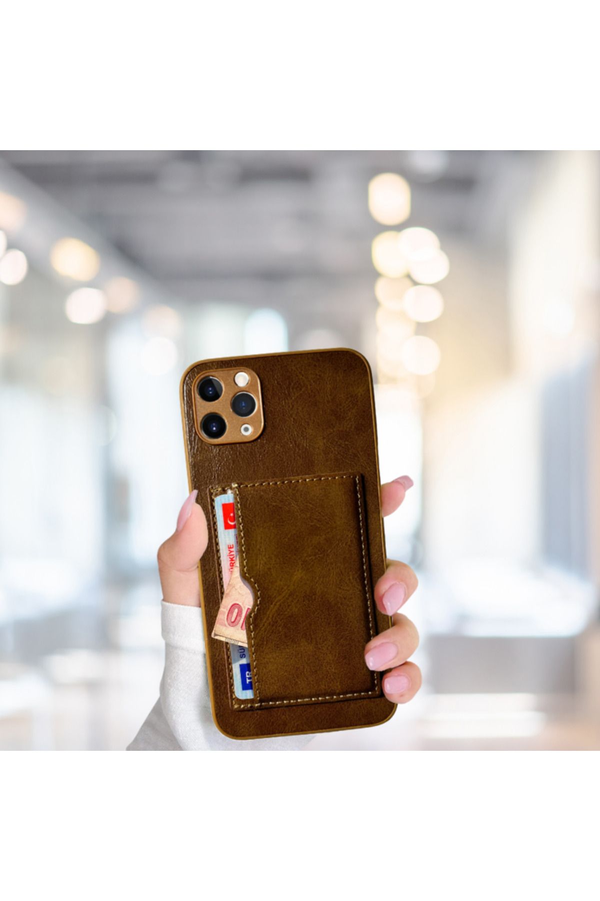 ihtiyaçavm İPHONE 11 PRO MAX KARTLIKLI STANDLI GLASE LÜX DERİ KILIF KAHVERENGİ