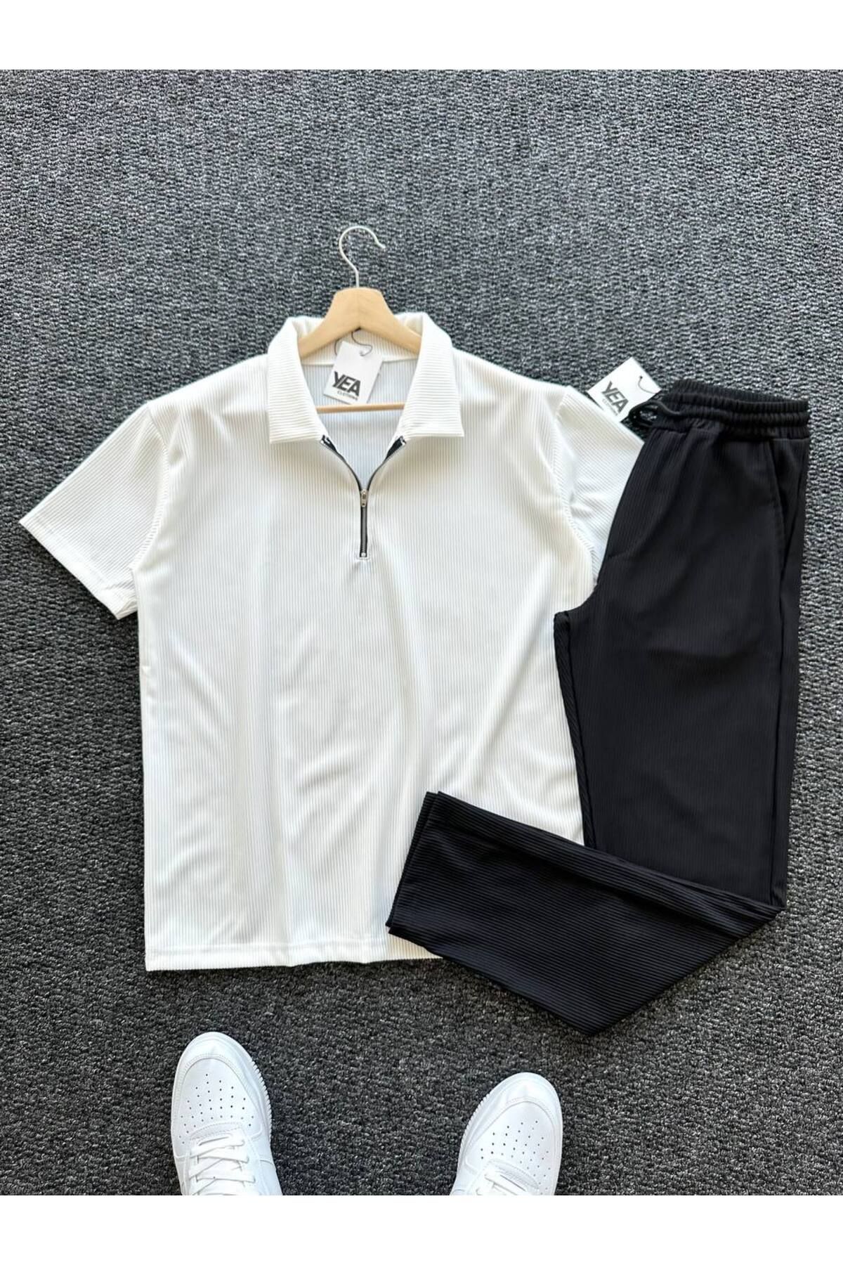 tetramoda Fitilli Yarım Fermuarlı Polo Yaka Tişört Ve Baggy Pantolon 2'li Set