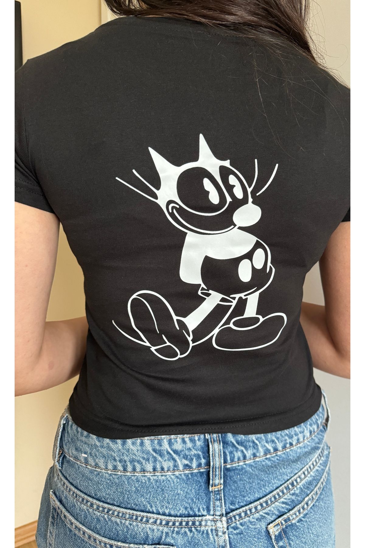 GRİLAND Kadın Siyah Feliks Baskılı Crop Likralı Pamuklu Slim Fit Kısa Crop
