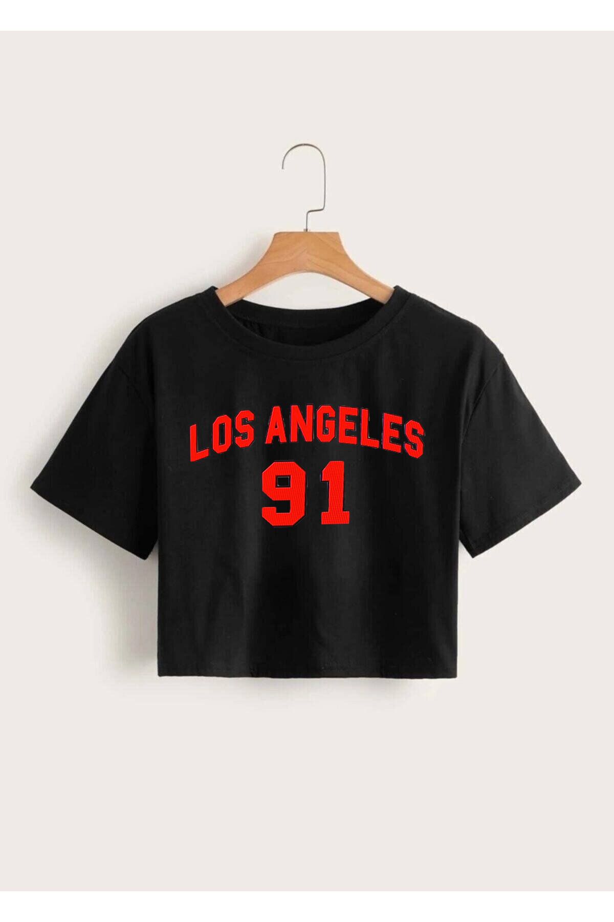 GRİLAND Kadın Siyah Los Angeles Baskılı Crop Likralı Pamuklu Slim Fit Kısa Crop