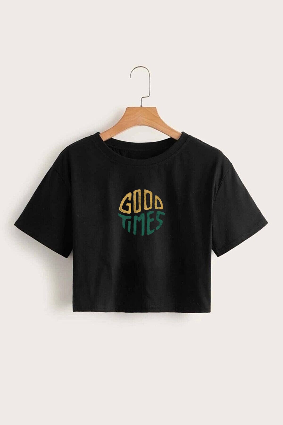 GRİLAND Kadın Siyah Good Times Baskılı Crop Likralı Pamuklu Slim Fit Kısa Crop