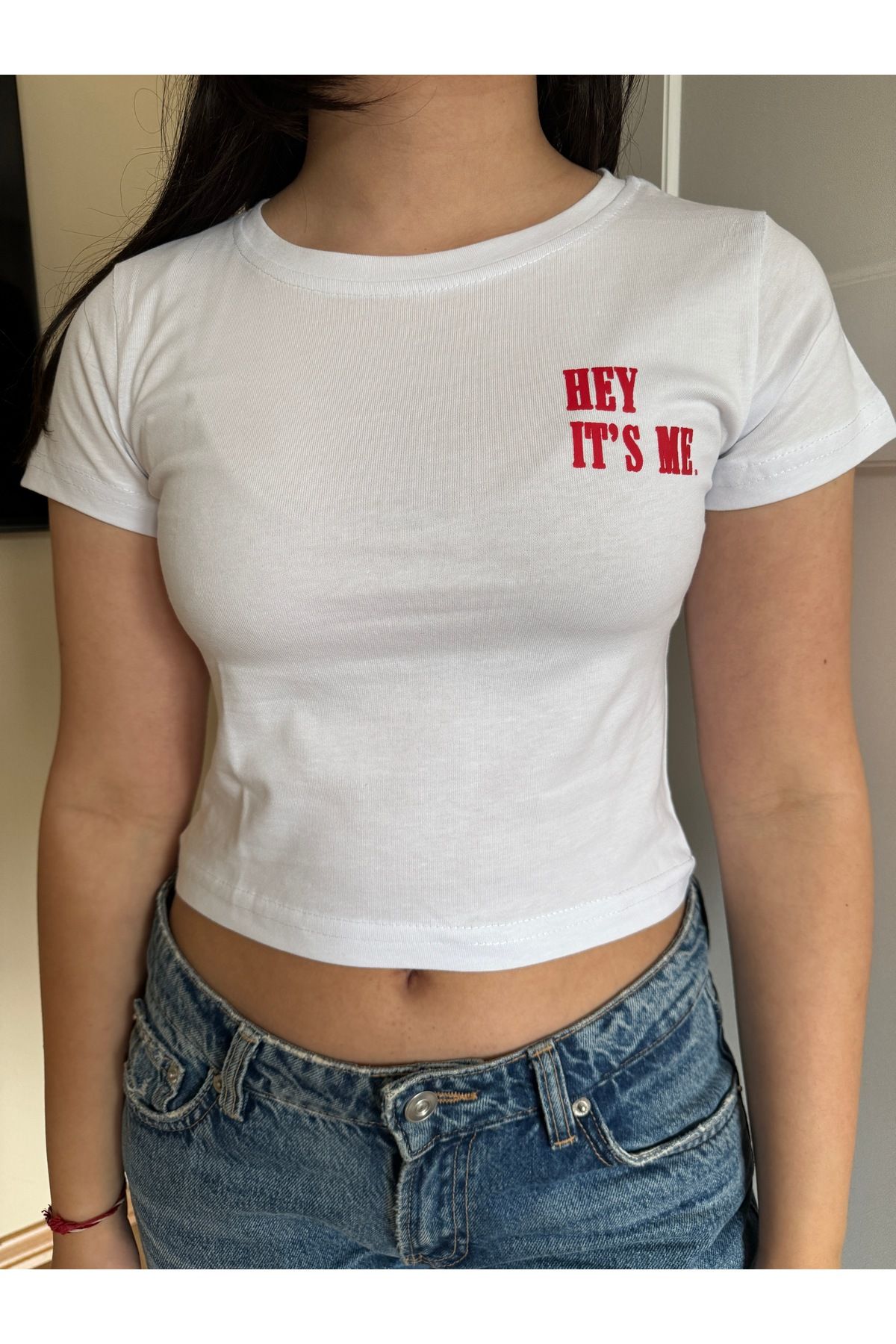 GRİLAND Kadın Beyaz Hey İt's Me Baskılı Crop Likralı Pamuklu Slim Fit Kısa Crop