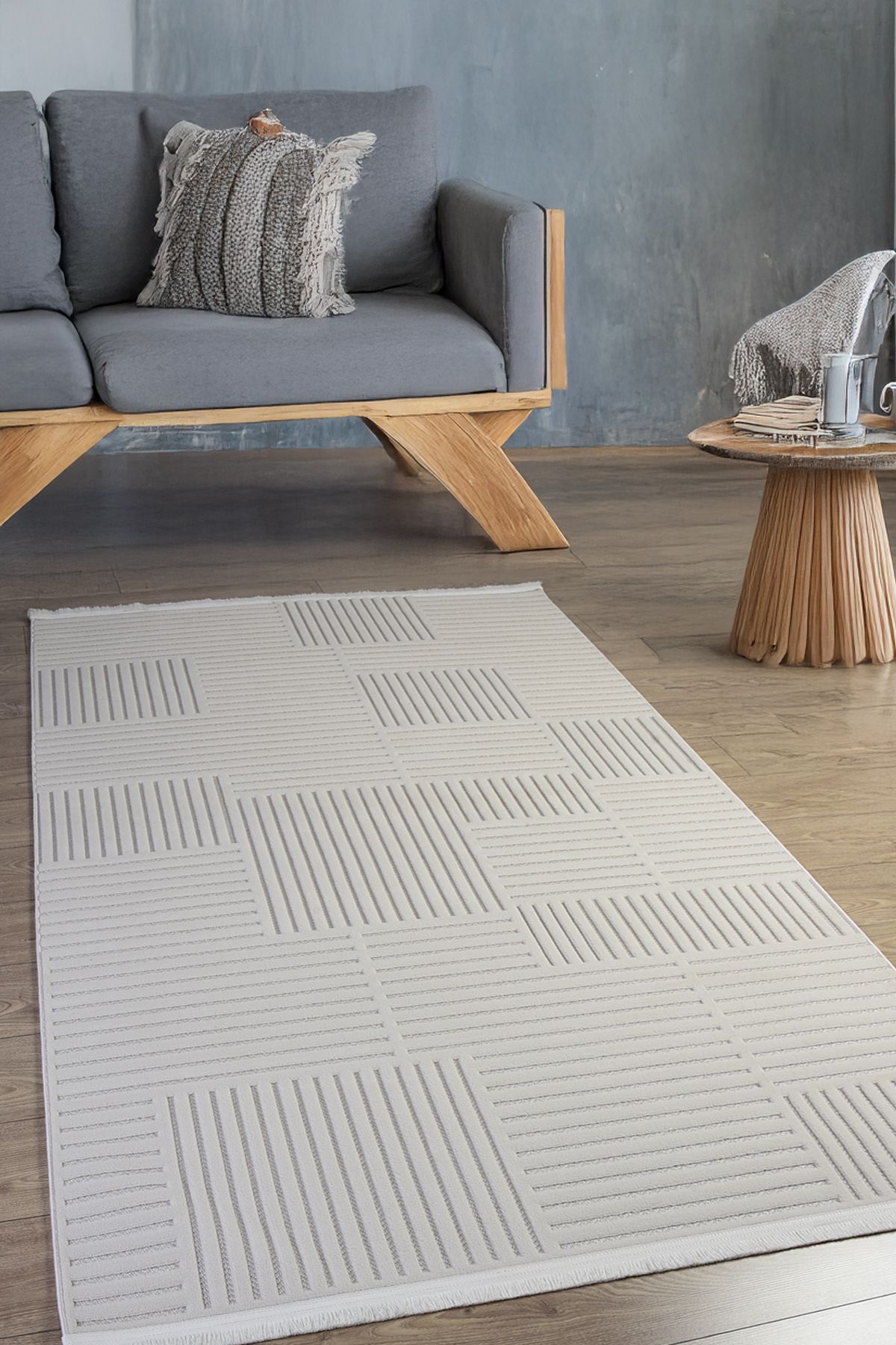 LOVELY HOME Ekru Beyaz Sisal Dokuma Hasır Makine Halısı Saçaklı Kaymaz Oturma Salon Mutfak Çocuk Oda Bukle