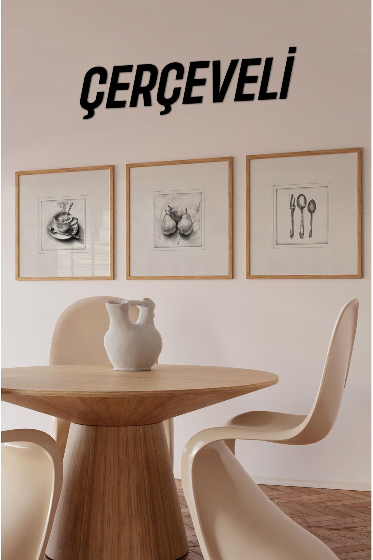 kutuTR 🏷️ 🖤 Karakalem Stil 3’lü Tablo Seti | Mutfak Temalı | UV Baskı – MDF – Ahşap Çerçeve KR4052