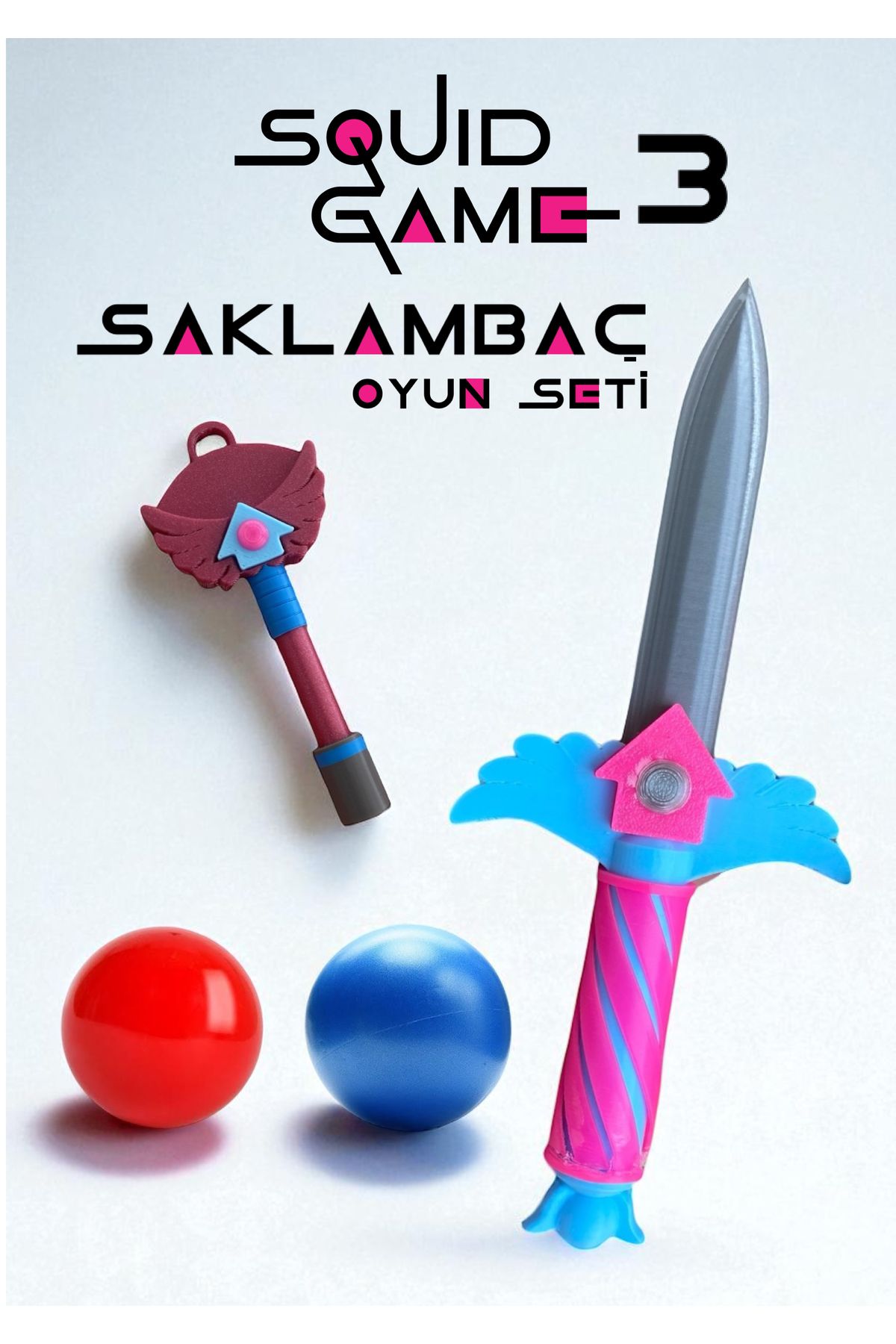 GiginGo Squid Game 3 Saklambaç Oyun Seti - Squid Knife - Squid Key - Squid Red Ball - Squid Blue Ball