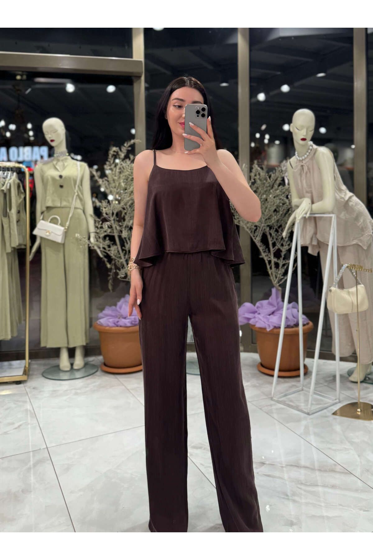 missswans Astel Askılı Bluz Pantolon Takımı Kahve