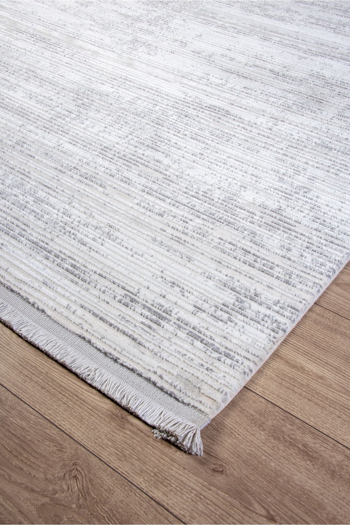 LOVELY HOME Gri Beyaz Polyester Halı Antibakteriyel Tozumaz Saçaklı Salon Oturma Çocuk Odası Makine Yolluk