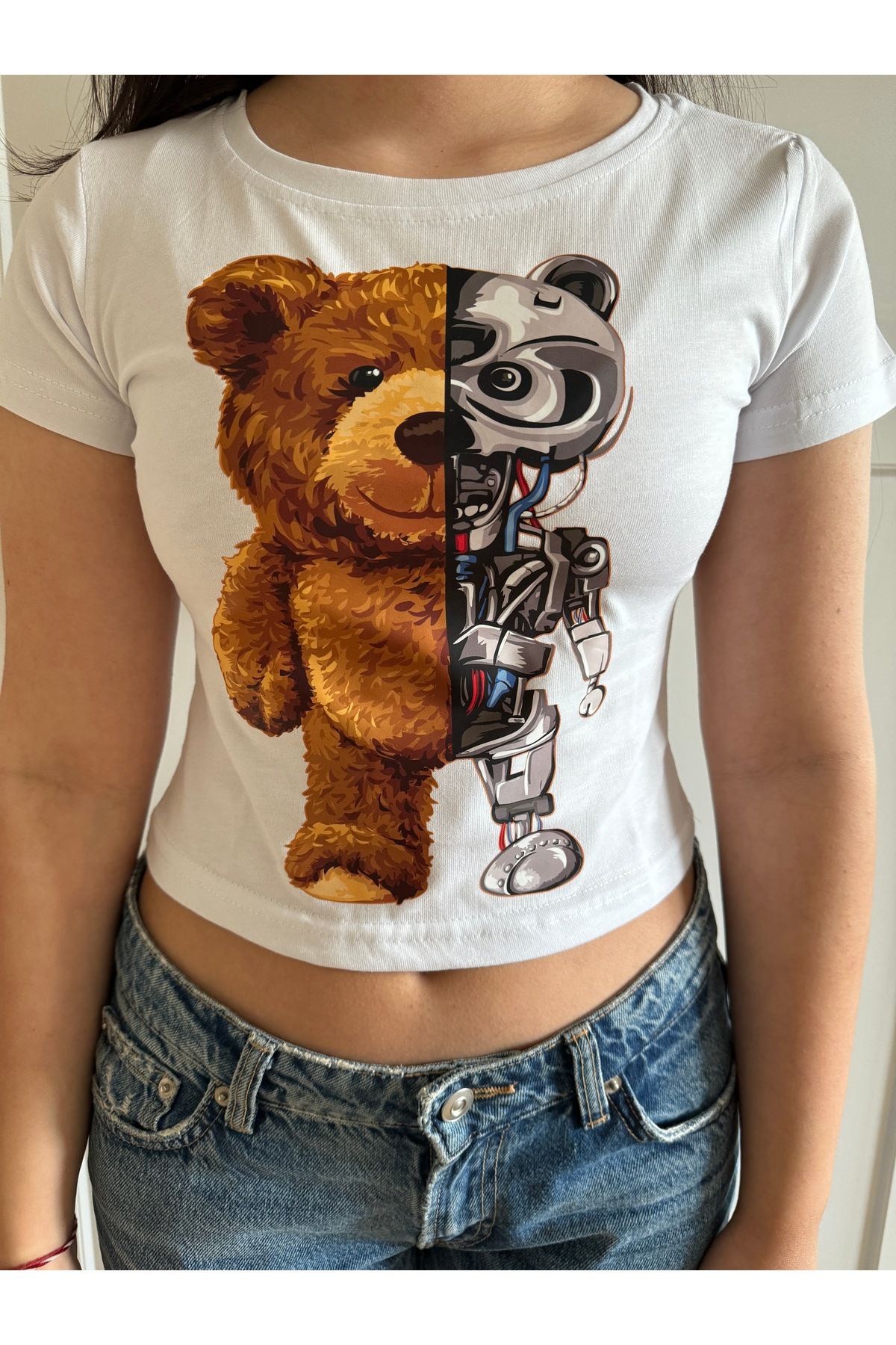 GRİLAND Kadın Beyaz Robotic Baskılı Crop Likralı Pamuklu Slim Fit Kısa Crop
