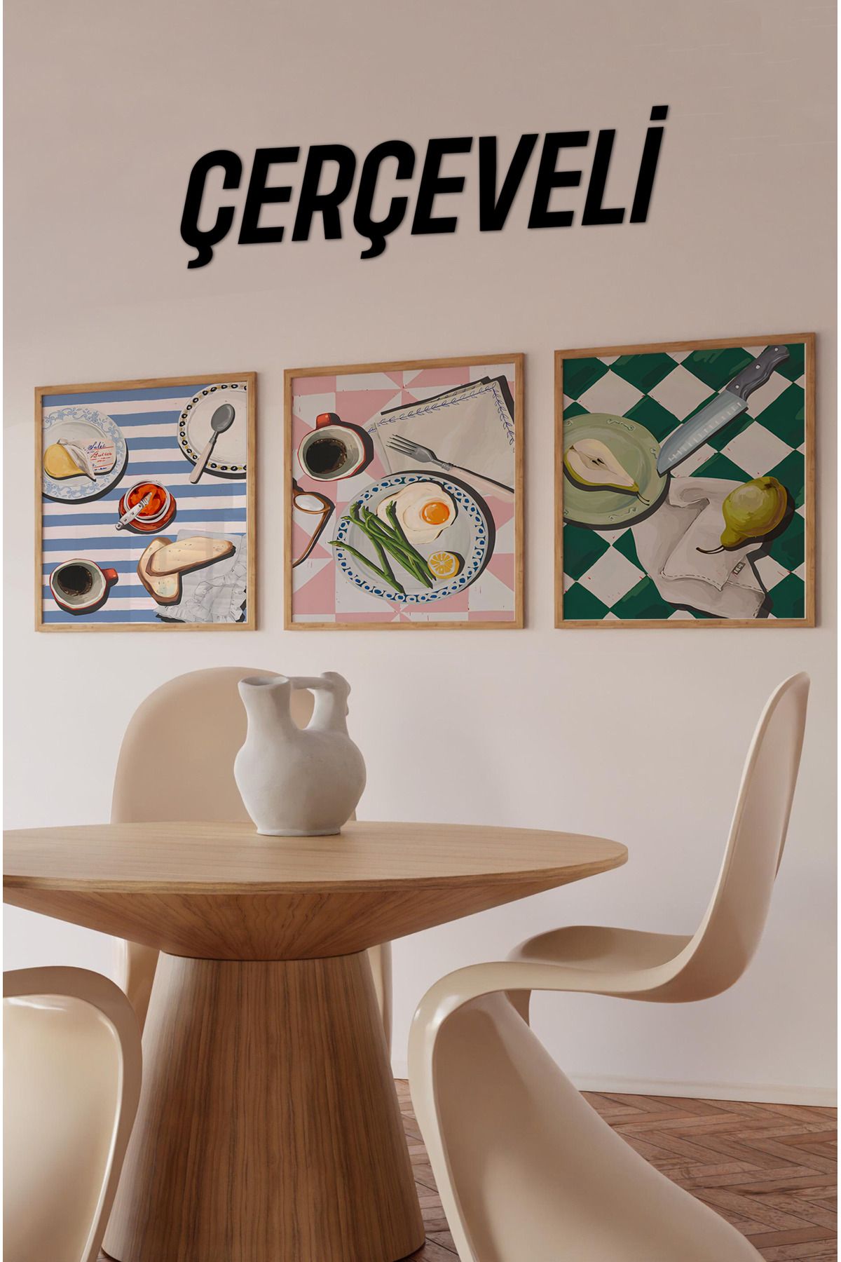 kutuTR 🍽️ Sofranın Renkli Hali – 3’lü Kahvaltı Temalı Çerçeveli Tablo Seti kr4056