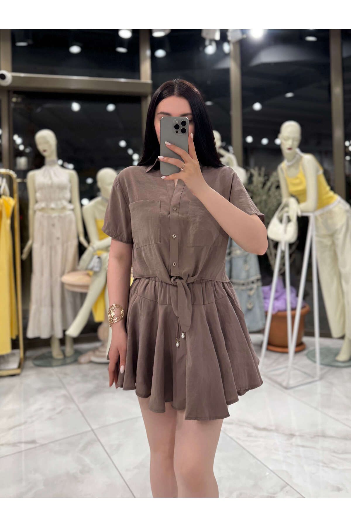 missswans Raya Mini Volanlı İnci Detaylı Şortlu Etek Kahve