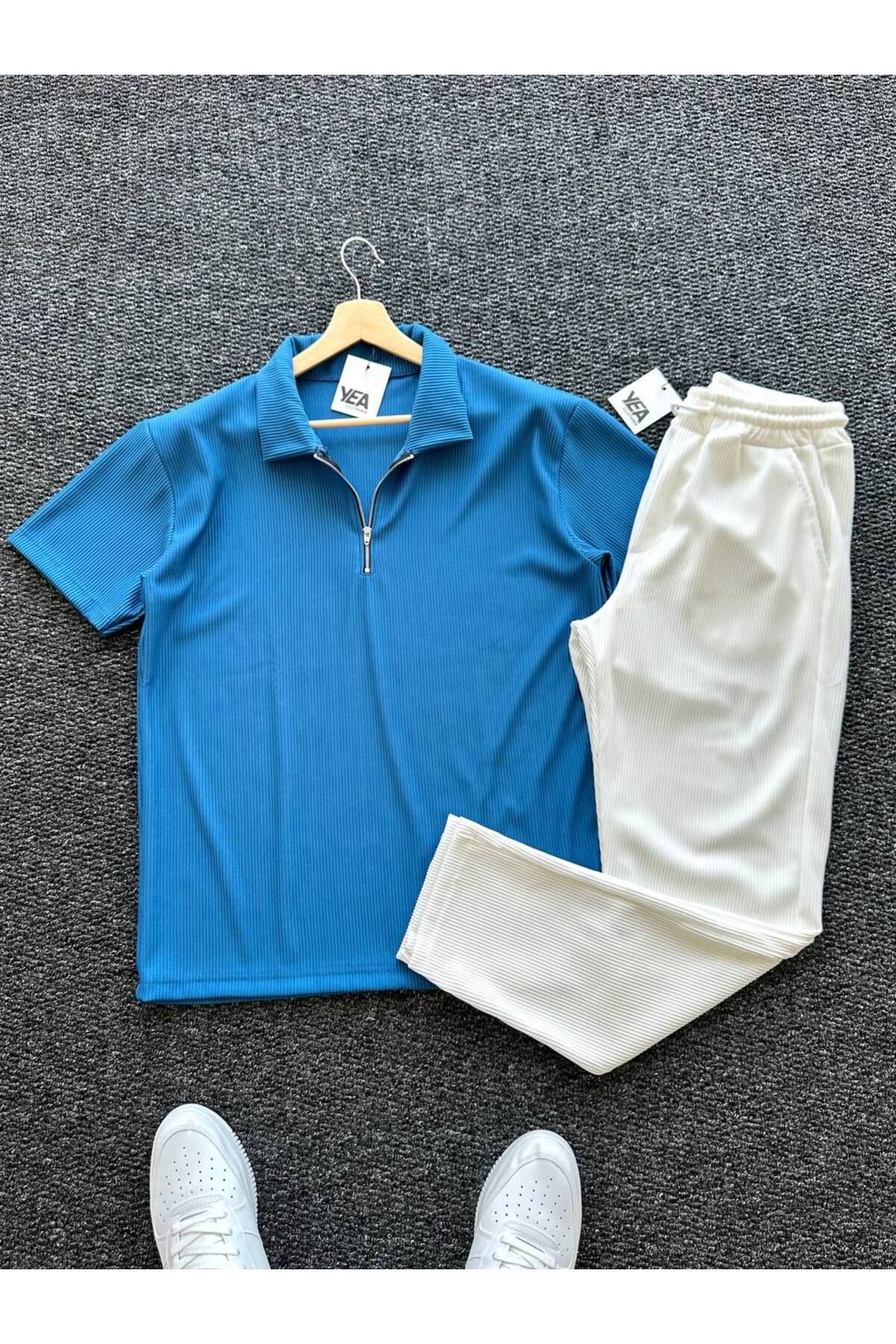 tetramoda Fitilli Yarım Fermuarlı Polo Yaka Tişört Ve Baggy Pantolon 2'li Set