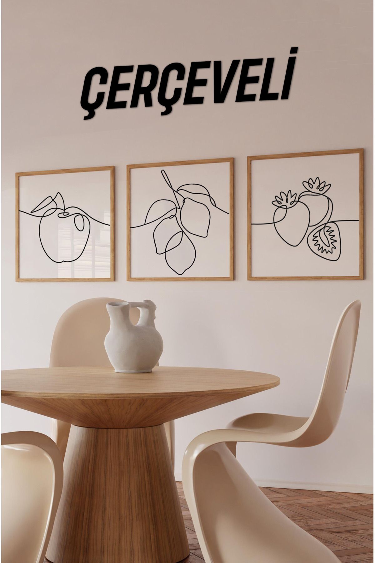kutuTR 🏷️ 🍎 Meyve Temalı 3’lü Çizgisel Tablo Seti | Tek Çizim Stil | UV Baskı – MDF –Ahşap Çerçeve KR4049